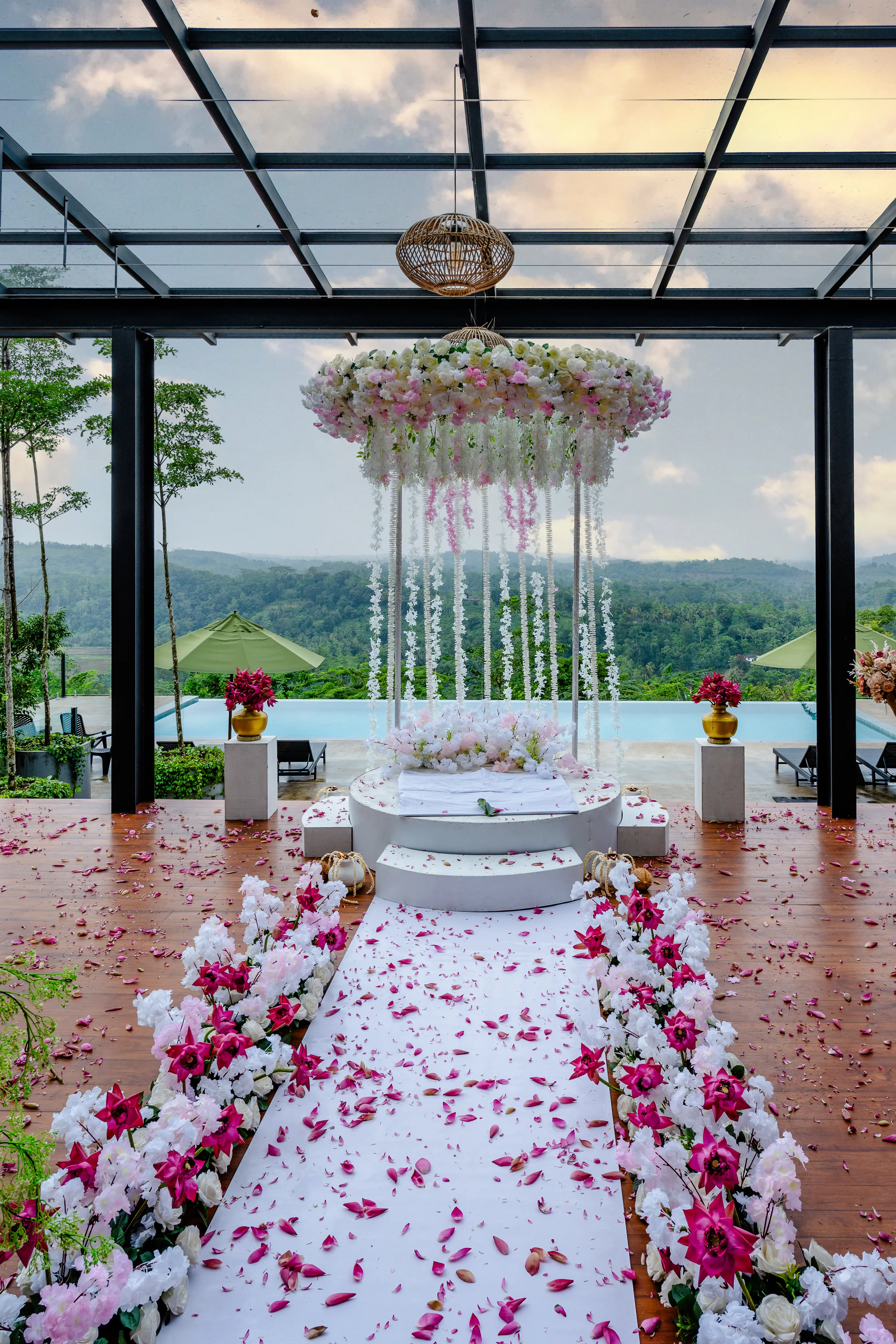 Wedding stationery and florals on a table